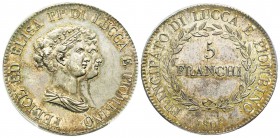 Lucca, Elisa Bonaparte e Felice Baciocchi 1805-1814
5 Franchi, 1806, AG 25 g.
Ref : Mont. 436 (R2), Pag. 252, Bell. 4 Conservation : PCGS MS62. Le p...