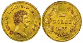 Lucca, Carlo Lodovico di Borbone Duca 1824-1847
Prova in oro da 10 Soldi, 1833, AU 4.43 g. 
Ref : MIR 253/3 (R5), Bell.17 p.572
Ex Vente Nomisma, 4...