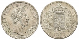 Lucca, Carlo Lodovico di Borbone Duca 1824-1847
2 Lire, 1837, AG 9.23 g. 
Ref : MIR 258, Bell. 12a
Ex Vente Nomisma 42, lot 317 Conservation : NGC ...