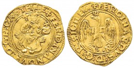 Messina, Ferdinando II 1458-1494
Trionfo, Messina, AU 3.51 g.
Avers : FERDINANDVS D G R CASTELLE /Revers : FERDINANDVS : D:G:R: SICILE : A aigle I N...