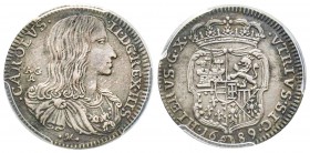 Napoli, Carlo II, Re di Spagna 1674-1700
Carlino, 1689 AGA, AG 2.5 g.
Ref : MIR 302/5, PR. - Conservation : PCGS AU55