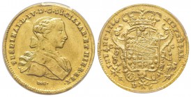 Napoli, IV di Borbone 1759-1816 (Re di Sicilia) 
6 Ducati, 1766 DG CCR, AU 8.81 g. 
Ref : MIR 352/13, PR. 9a, Fr. 846 Conservation : PCGS MS65. Magn...