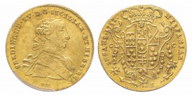 Napoli, IV di Borbone 1759-1816 (Re di Sicilia) 
6 Ducati, 1767 DG CCR, AU 8.81 g. 
Ref : MIR 352/14, PR. 10, Fr. 846 Conservation : PCGS MS65. Magn...