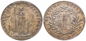 Napoli, Republica Partenopea 1799
12 Carlini, 1799, AG. 27.53 g.
Ref : MIR 413, Pr. 1 Conservation : PCGS AU53