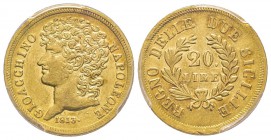 Napoli, Gioacchino Napoleone 1805-1815
20 Lire, 1813, rami corti, AU 6.45 g.
Ref : G.13, MIR 440, Fr. 860 Conservation : PCGS AU55. Superbe exemplai...