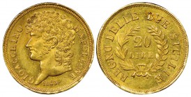 Napoli, Gioacchino Napoleone 1805-1815
20 Lire, 1813, rami corti, AU 6.45 g.
Ref : G.13, MIR 440, Fr. 860 Conservation : NGC MS62