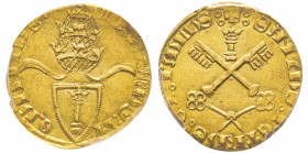Martino V (Oddone Colonna) 1417-1431
Fiorino da 24 soldi, Avignone, ND, AU 3.49 g.
Ref : MIR 284/1 (R2), Munt. 30, Berman 283, Fr. 36 Conservation :...