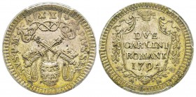 Pio VI (Giovanni Angelo Braschi) 1775-1799
Due carlini, 1794, AN XX, Billon 5.7 g. Ref : Munt. 78, Berman 2977 Conservation : PCGS MS62