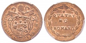Pio VI (Giovanni Angelo Braschi) 1775-1799
Quattrino, AN XII (1786), Cu 2.31 g. Ref : Munt. 142b Conservation : PCGS MS64 RB