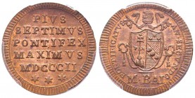 Pio VII (Gregorio Chiaramonti) 1800-1823
Mezzo Baiocco, 1802, AN II, AE 6 g. Ref : Munt. 21, Pag. 86, Berman 3237 Conservation : PCGS MS63 BN