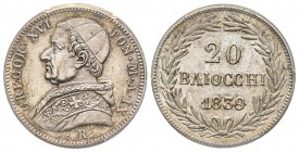 Gregorio XVI (Bartolomeo Alberto) 1831-1846 
20 Baiocchi, Roma, 1839, AN IX, AG 5.28 g. Ref : Munt. 13e, Pag. 237 Conservation : PCGS MS62