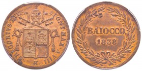 Gregorio XVI (Bartolomeo Alberto) 1831-1846 
Baiocco, Roma, 1838, AN VIII, Cu 10.15 g. Ref : Munt. 17c, Pag. 265 Conservation : PCGS MS63 RB