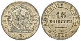 II Repubblica Romana 1849
16 Baiocchi, Roma, 1849, Mi 7.8 g. Ref : Munt. 2, Pag. 340 Conservation : PCGS MS63. FDC