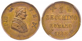 Esilio di Pio IX a Gaeta ( 25 novembre 1848-4 settembre 1849)
Zecchino Romano, Gaeta, 1848, AE 3.94 g.
Ref : Mont. 69b (R), X#6
Conservation : PCGS...