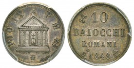Pio IX 1849-1870
10 Baiocchi, Gaeta, 1848, AG 2 g. Ref : Mont. 69d (R), X#3a Conservation : PCGS MS62 var Silver