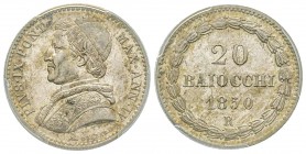 Pio IX 1849-1870
20 Baiocchi, Roma, 1850, AN IV, AG 5.37 g. Ref : Munt. 14c, Pag. 405 Conservation : PCGS MS62