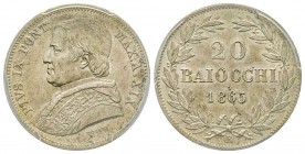 Pio IX 1849-1870
20 Baiocchi, Roma, 1865, AN XIX, AG 5.37 g. Ref : Munt. 18, Pag. 426 Conservation : PCGS MS64