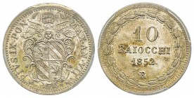 Pio IX 1849-1870
10 Baiocchi, Roma, 1852, AN VII, AG 2.69 g. Ref : Munt. 19, Pag. 433 Conservation : PCGS MS64