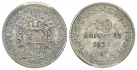 Pio IX 1849-1870
10 Baiocchi, Roma, 1861, AN XVI, AG 2.69 g. Ref : Munt. 20d, Pag. 442 Conservation : PCGS MS62