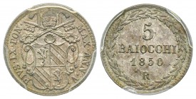 Pio IX 1849-1870
5 Baiocchi, Roma, 1850, AN V, AG 1.34 g. Ref : Munt. 22c, Pag. 454 Conservation : PCGS MS64