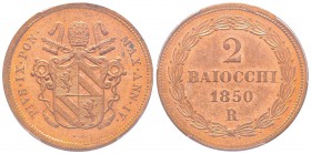 Pio IX 1849-1870
2 Baiocchi, Roma, 1850, AN IV, Cu 20 g. Ref : Munt. 30a,Pag.489 Conservation : PCGS MS64 RB