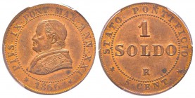 Pio IX 1849-1870
Soldo, Roma, 1866, AN XXI, Cu 5 g. Ref : Munt. 60, Pag. 601 Conservation : PCGS MS63 RB
