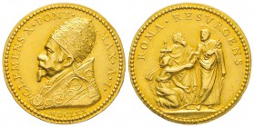 Clemente X (Emilio Alteri) 1670-1676
Medaglia in oro, 1670, AN I, AU 15.20 g. 31 mm par G. Lucenti 
Avers : CLEMENS X PONT MAX A I 
Revers : ROMA R...
