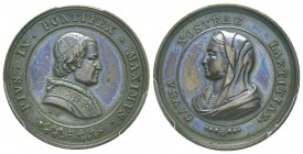 Pio IX 1846-1878
Medaglia, AE 7 g., 21 mm. Avers : PIVS IX PONTIFEX MAXIMUS /Revers : CAVSA NOSTRAE LAETITIAE Ref : Bartolotti 559
Conservation : PC...