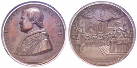 Pio IX 1846-1878
Medaglia, 1854, AN XI, AE 42 g., 44 mm, Opus Bianchi Avers : PIVS IX PONTIFEX MAXIMVS ANNO XI /Revers : VI ID DEC AN CHR MDCCCLIV SI...