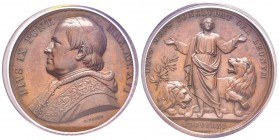 Pio IX 1846-1878
Medaglia, 1861, AN XVI, AE 34 g., 43 mm, Opus Voigt Avers : PIVS IX PONT MAX AN XVI /Revers : DEVS MEVS CONCLVDAT ORA LEONVM MDCCCLX...