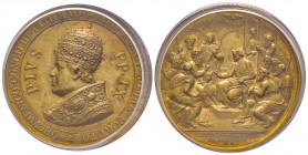 Pio IX 1846-1878
Medaglia in bronzo dorato, 1869, AN XXIV, AE 33 g., 43 mm, Opus Moscetti Avers : OECVMENICO CONCILIO VATICANO PONTIF A XXIV ROMAE CO...