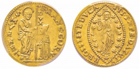 Venezia, Francesco Corner 1656
Zecchino, ND, AU 3.5 g.
Ref : Paolucci 1 (R5), Fr. 1324 
Conservation : PCGS MS62. Rarissime et Magnifique monnaie. ...