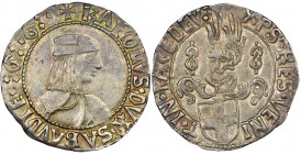 Italy - Savoy
Carlo I 1482-1490
Mezzo Testone, II Tipo, Cornavin, ND, AG 4.75 g.
Avers : KAROLVS DVX SABAVDIE GG 
Revers : XPS RES VENI T IN PACE ...