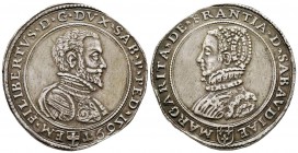 Italy - Savoy
Emanuele Filiberto 1553-1580
Scudo da 3 Lire, Torino, 1569, Emanuele Filiberto e Margherita di Francia, AG 34.05 g.
Avers : EM FILIBE...