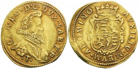 Italy - Savoy
Carlo Emanuele I 1580-1630
Quadrupla con T, V Tipo, Torino, ND, AU 13.31 g.
Avers : CAR EM D G DVX SAB P P 
Revers : AVXILIVM MEVM A...