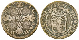 Italy - Savoy
Vittorio Amedeo II - Duca 1680-1713 
15 Soldi, I tipo, Torino, 1692, Mi 7.12 g.
Ref : MIR 866a, Biaggi 738a Conservation : TB