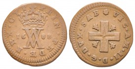 Italy - Savoy
Vittorio Amedeo II - Duca 1680-1713 
1/4 di Soldo, Torino, 1688, Cu 3.25 g.
Ref : MIR 875 (R), Biaggi 747 Conservation : TTB