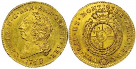 Italy - Savoy
Carlo Emanuele III Secondo Periodo 1755-1773
Mezza Doppia Nuova, Torino, 1768, AU 4.84 g.
Ref : MIR 944n (R6), Biaggi 809m, Fr. 1106...