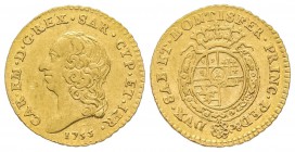 Italy - Savoy
Carlo Emanuele III Secondo Periodo 1755-1773
Quarto di Doppia Nuova, Torino, 1755, AU 2.39 g.
Ref : MIR 945a (R6), Biaggi 810a, Fr. 1...