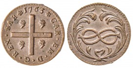 Italy - Savoy
Carlo Emanuele III Secondo Periodo, Monetazione per la Sardegna 1755-1773
Cagliarese Nuovo, Torino, 1763, Cu 2.28 g. 
Ref : MIR 970a,...