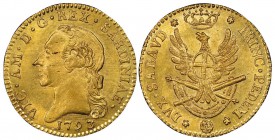 Italy - Savoy
Vittorio Amedeo III 1773-1796
Doppia Nuova, Torino, 1793, AU 9.10 g. 
Ref : MIR 982h (R5), Biaggi 843h, Fr. 1120
Ex Angelo Bazzoni, ...