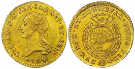 Italy - Savoy
Vittorio Amedeo III 1773-1796
Mezza Doppia Vecchia, Torino, 1774, AU 4.82 g. 
Ref : MIR 983b (R7), Biaggi 844, Fr. 1116 Conservation ...