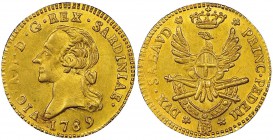 Italy - Savoy
Vittorio Amedeo III 1773-1796
Mezza Doppia Nuova, Torino, 1789, AU 4.55 g. 
Ref : MIR 984d (R), Biaggi 845e, Fr. 1121 Conservation : ...
