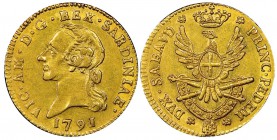 Italy - Savoy
Vittorio Amedeo III 1773-1796
Mezza Doppia Nuova, Torino, 1791, AU 4.55 g. 
Ref : MIR 984f (R4), Biaggi 845g, Fr. 1121 Conservation :...
