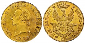 Italy - Savoy
Vittorio Amedeo III 1773-1796
Mezza Doppia Nuova, Torino, 1793, AU 4.54 g. 
Ref : MIR 984h (R6), Biaggi 845i, Fr. 1121 
Conservation...