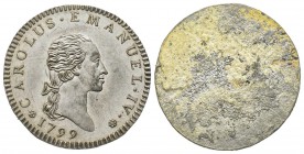 Italy - Savoy
Carlo Emanuele IV 1796-1802
Prova uniface da 7.6 Soldi, Torino, 1799, lamina di piombo 2.95 g. 
Ref : MIR 1014a var.
Ex Vente Inasta...