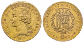 Italy - Savoy
Vittorio Emanuele I 1802-1821
20 lire, Torino, 1816, AU 6.45 g.
Ref : MIR 1028a (R2), Pag. 4, Fr. 1129 Conservation : PCGS AU53. Rare