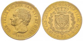 Italy - Savoy
Carlo Felice 1821-1831
80 lire, Torino, 1825 (L), AU 25.8 g.
Ref : MIR 1032e, Pag. 26, Fr. 1132 Conservation : PCGS MS62