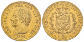 Italy - Savoy
Carlo Felice 1821-1831
80 lire, Torino, 1826 (L), AU 25.8 g. 
Ref : MIR.1032f, Pag.28, Fr.1132 Conservation : PCGS AU58