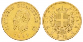 Italy - Savoy
Vittorio Emanuele II 1861-1878 - Re d’Italia
10 Lire, Torino, 1861 T, AU 3.20 g.
Ref : MIR 1079a (R4), Pag. 476 Conservation : TTB+, ...